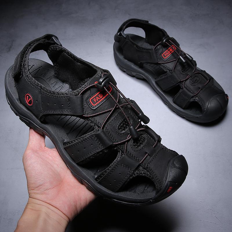 Мужские сандалии, кожаные прогулочные туфли с закрытым носком, широкие уличные спортивные сандалии для пеших прогулок, пляжных прогулок