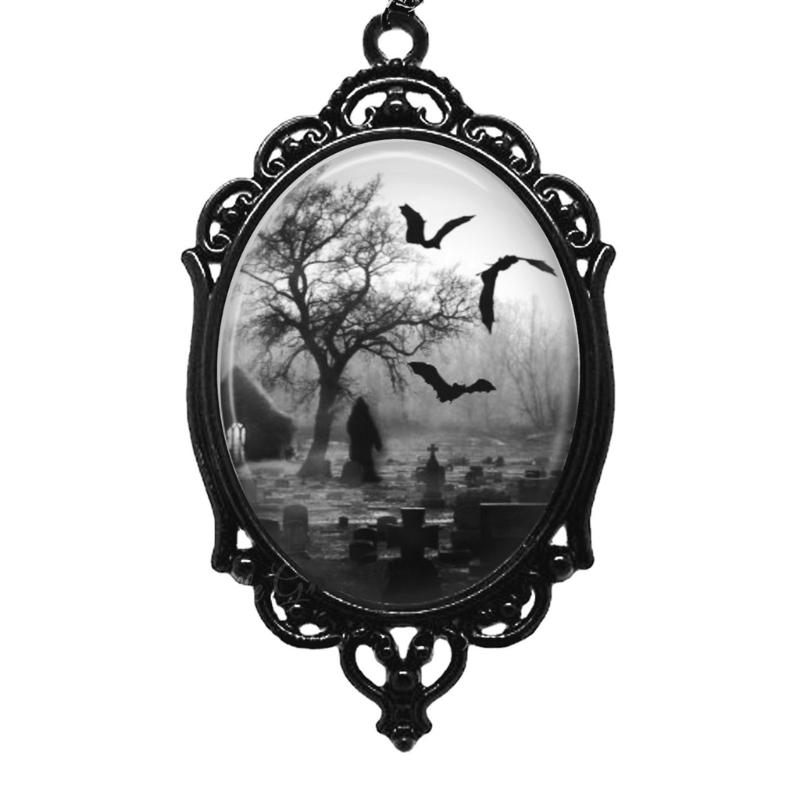 Black Graveyard Bat Pendant Leather Cord Necklace Gothic Women Statement Ethnic Jewelry Lariat Necklace Women Necklace