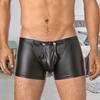 Men Solid Color Shorts Panties Low Rise Elastic Waistband Buttons Placket U Convex Pouch Underpants Faux Leather Shorts Briefs