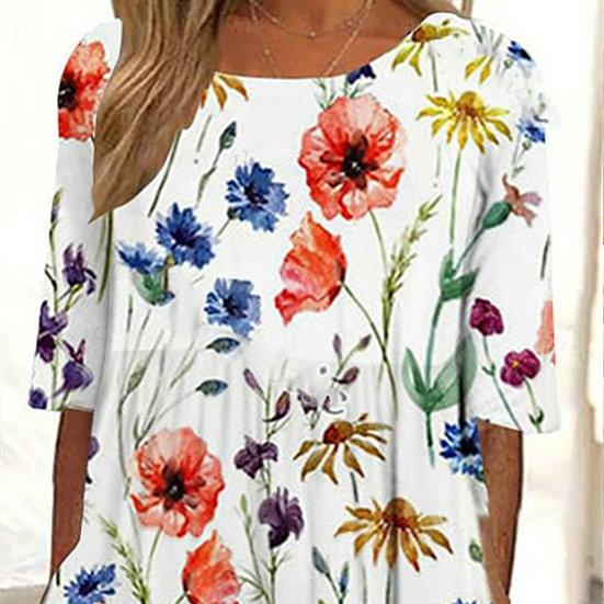 Женское летнее платье с цветочным принтом, круглым вырезом, короткими рукавами, карманами трапециевидной формы, свободный подол, длина до середины икры, дышащее мягкое повседневное повседневное платье миди