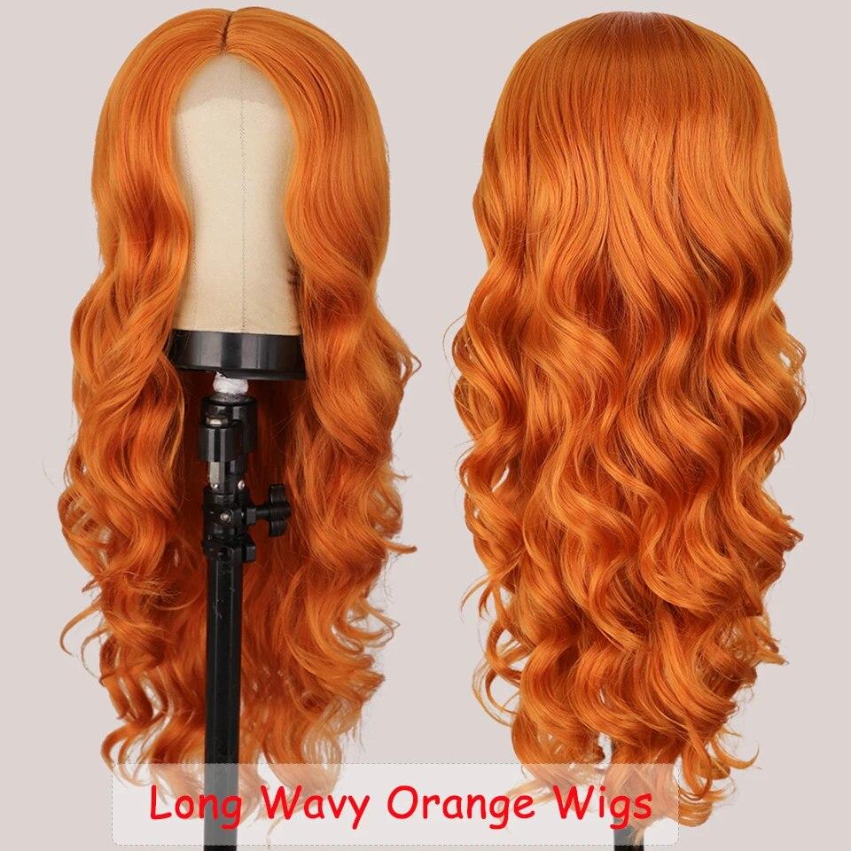 Long Body Wave Ginger Orange Wigs Synthetic Lace Wigs for Women Highlight Black Brown Middle Part Wig Cosplay Hair