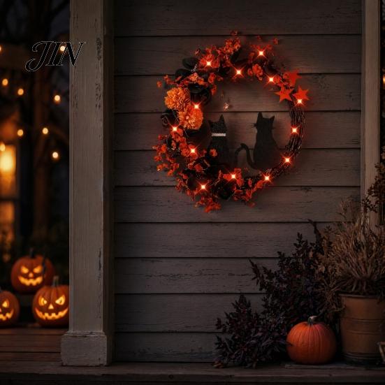 Spooky Cat And Moon Garland Halloween Floral Garland, with String Lights, Black Silhouette Maple Leaf Wreath, for Front Door Indoor Outdoor Wall Decor