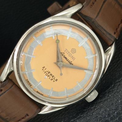 ШВЕЙЦАРСКИЕ ВИНТАЖНЫЕ МУЖСКИЕ ЧАСЫ TITONI AIRMASTER TITOFLEX С РУЧНЫМ ЗАВОДОМ БЕЖЕВЫЕ a703217-1