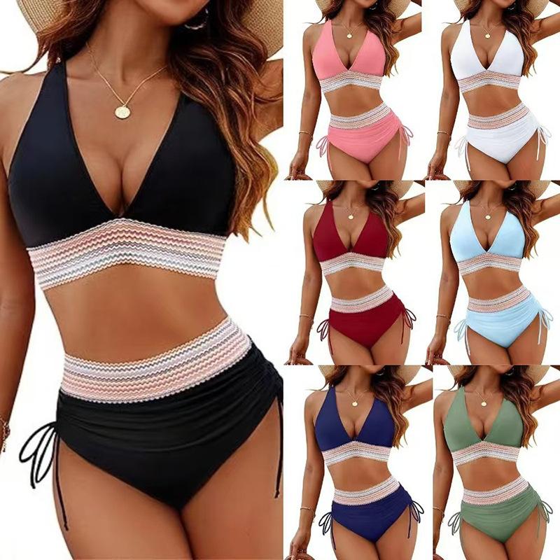 Women's swimsuit, neck hanging deep V high waisted bikini set, contrasting trim, drawstring side two-piece beach swimsuit