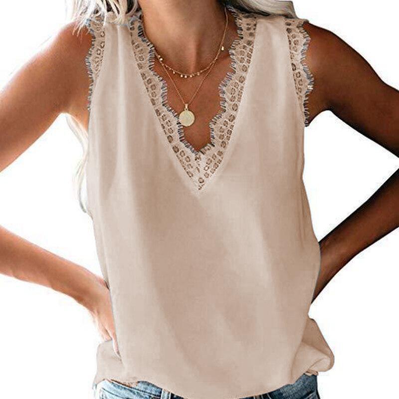 Сексуальный шифоновый жилет без рукавов 2023, летний однотонный модный кружевной топ с v-образным вырезом, женский топ на бретелях, повседневная свободная одежда Blusas 24706