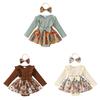Baby Girl Fall Outfit, Flower Print Ruffle Trim Long Sleeve Romper Dress Bow Headband 2 Piece Set