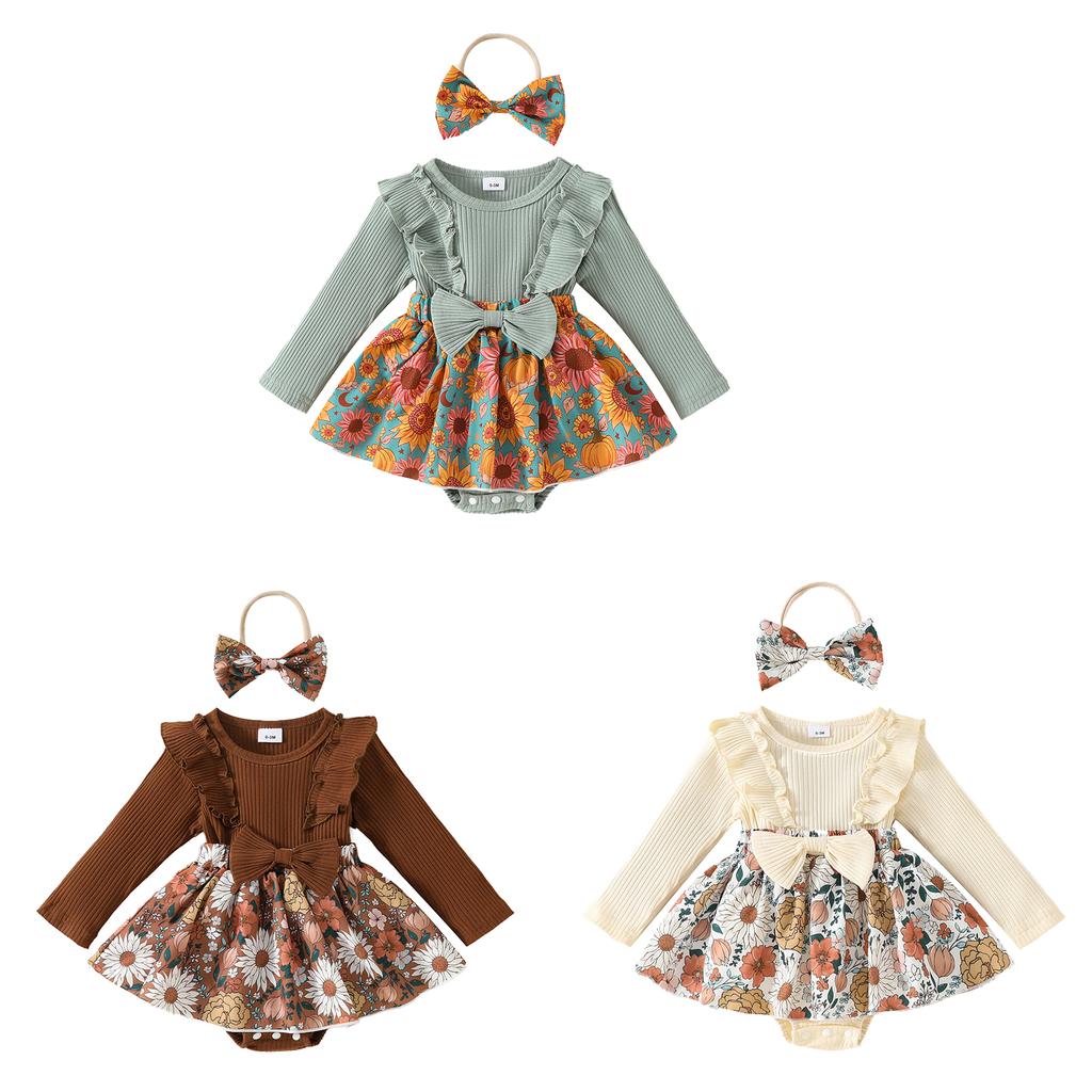 Baby Girl Fall Outfit, Flower Print Ruffle Trim Long Sleeve Romper Dress Bow Headband 2 Piece Set
