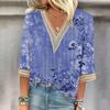 Женская рубашка, блузка, повседневные свободные рубашки, рукава 3/4, кружевные топы с v-образным вырезом и принтом, топы с принтом, футболки, футболки