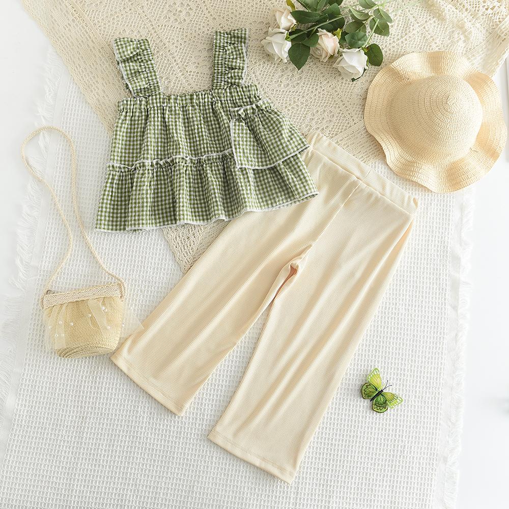 Bear Leader Baby Girl's Casual Clothing Set New Summer Fly Sleeve Checked Slip Top+Solid Pants Two Piece Set