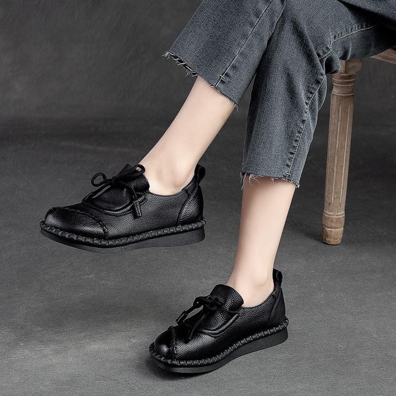 Women Flats Shoes Spring Round Toe Lace-up Genuine Leather Casual Loafers Handmade Comfortable Shoes