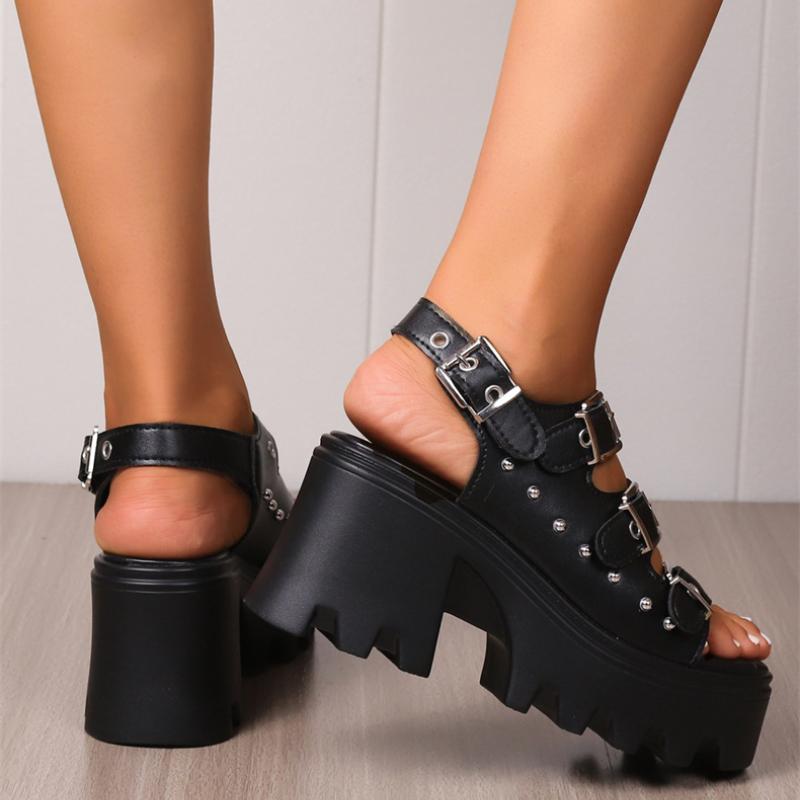 Женские босоножки большого размера на высоком каблуке, летние сандалии, увеличивающие рост в стиле панк, мотоциклетные готические женские туфли, сандалии цвета хаки на платформе