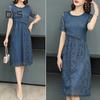 Women Dress Hollow Out Lace Round Neck Solid Color Flower Embroidery A Line Loose Hem Double Layers Knee Length Short Sleeve Lady Midi Dress