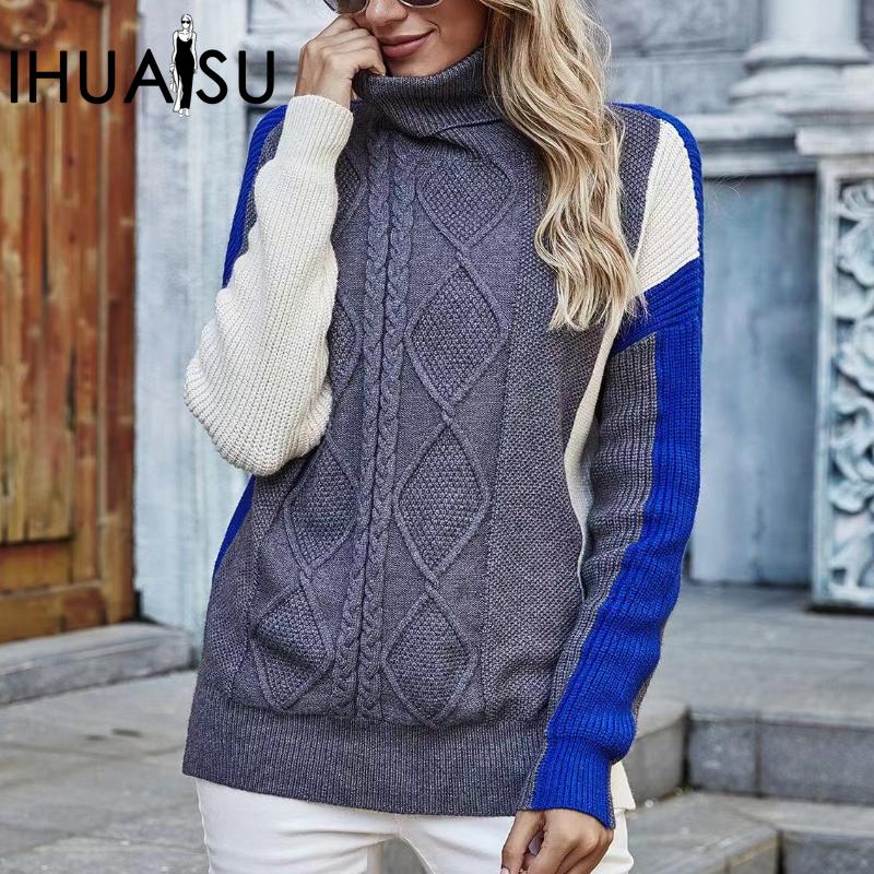 IHUASU Women's Autumn and Winter Long Sleeve Knit Sweater Pullover Twisted Rope Splicing Commuter High Neck Sweater