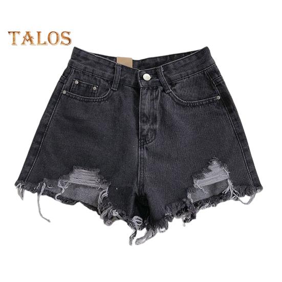 Summer Women Denim Shorts High Waist A-line Solid Color Ripped Button Zipper Closure Retro Pockets Slim Fit Above Knee Length Short Pants
