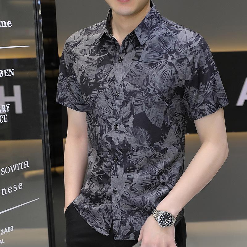 Shirt Men's Versatile Summer Trend Summer Gang Handsome Short-sleeved Ice Silk Shirt Short-sleeved Thin Section of Men's Casual Tops