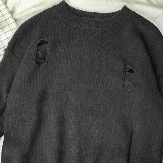 Men Sweater Solid Color Ripped O Neck Oversized Couple Sweater