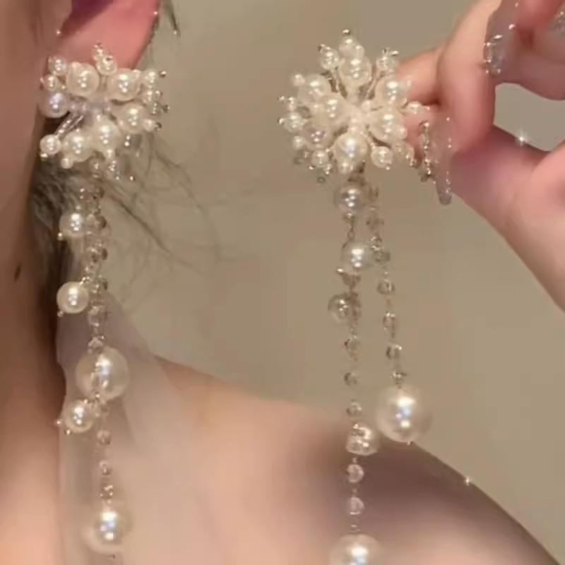 1pair Tassel Earrings Imitation Pearl Flowers Fringe Long Dangle Earrings For Women Elegant Temperament Dainty Luxury Jewelry