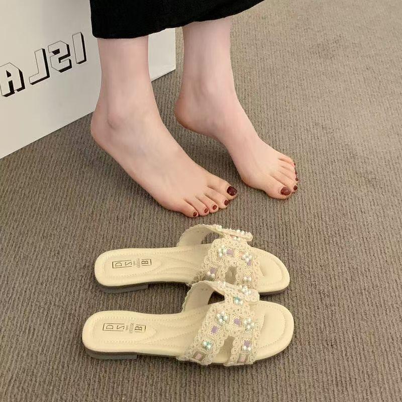 2025 лето новые приморские шлепанцы на плоской подошве женские носят с мягкой подошвой фея универсальные жемчужные пляжные с открытым носком прохладные шлепанцы