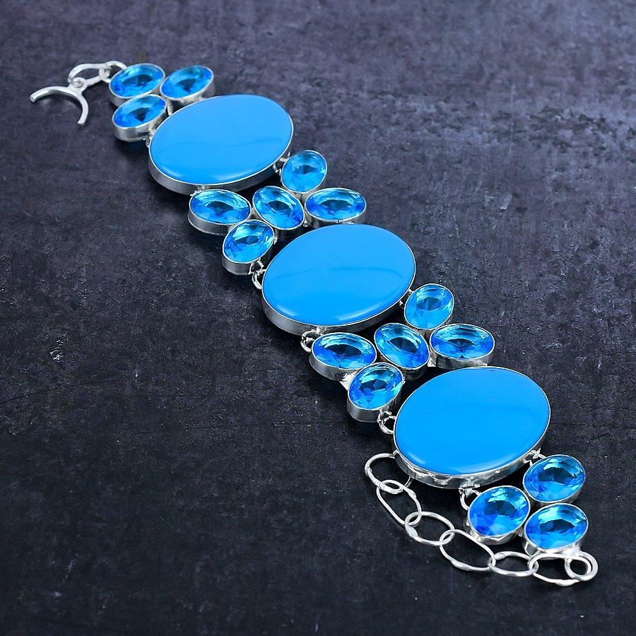 Браслет из серебра 925 пробы с натуральной аризонской бирюзой и топазом, длина 7-8 дюймов, W5i91