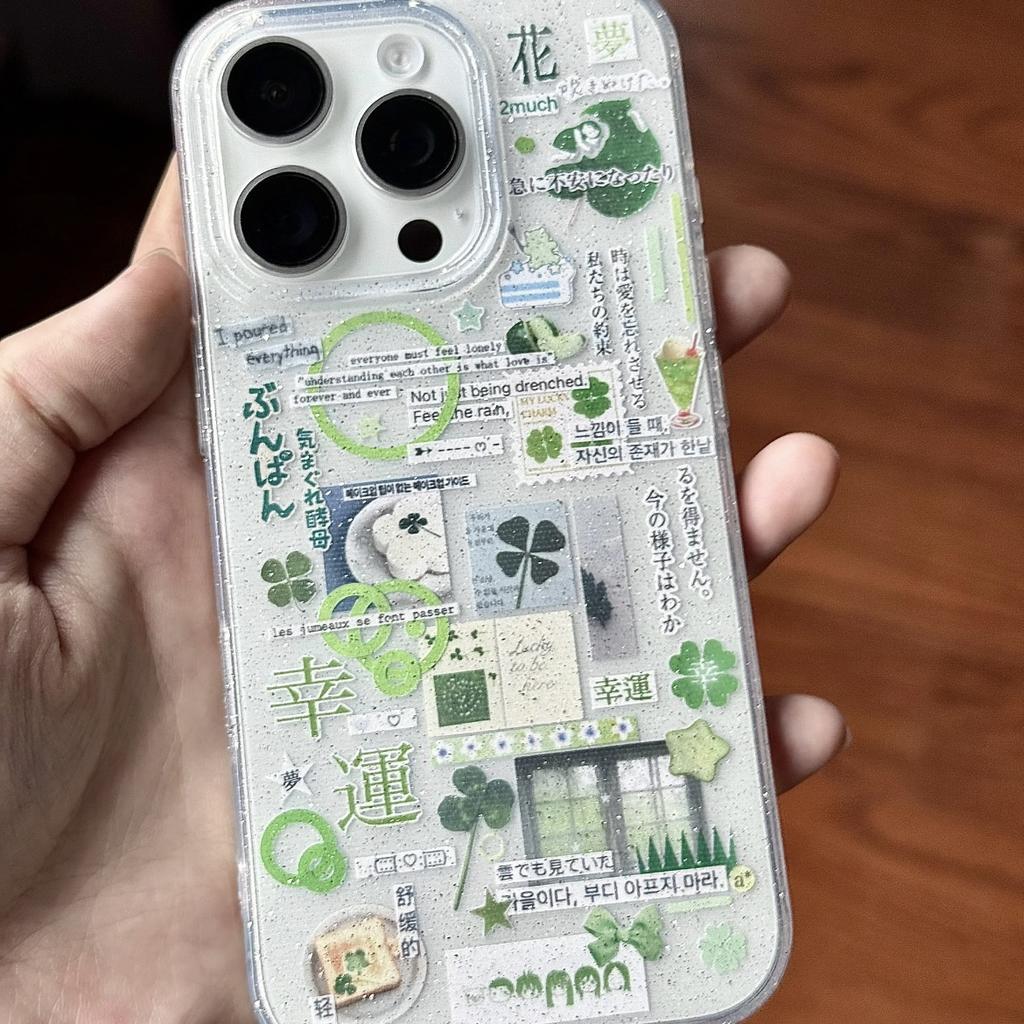 Счастливый зеленый клевер Наклейка Чехол для телефона для iPhone 17 16 15 14 13 12 11 Pro Max Японская эстетика Ударопрочный Мягкий силиконовый чехол
