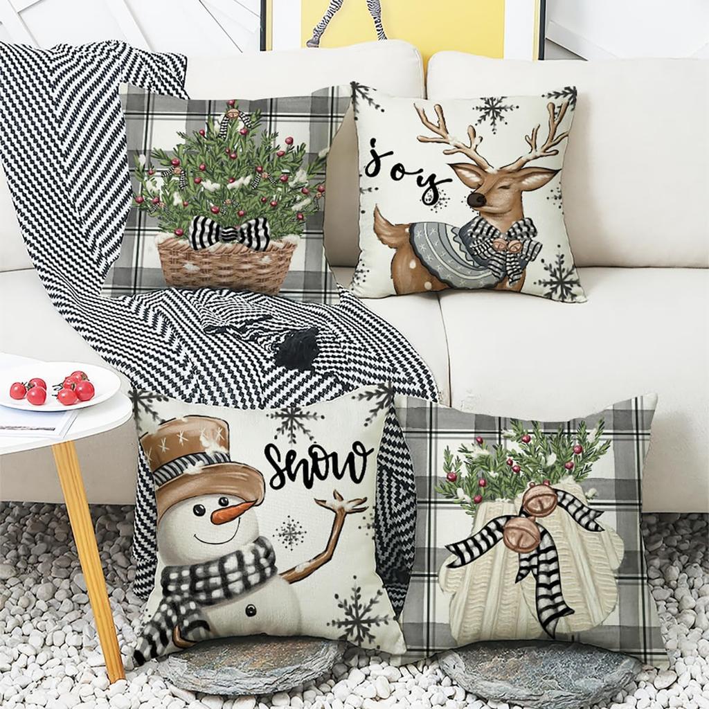 4 Set Christmas Cushion Cover Pillowcase 45cm Xmas Reindeer Snowman Cushion Covers Decorations for Home Ornament New Year Decor