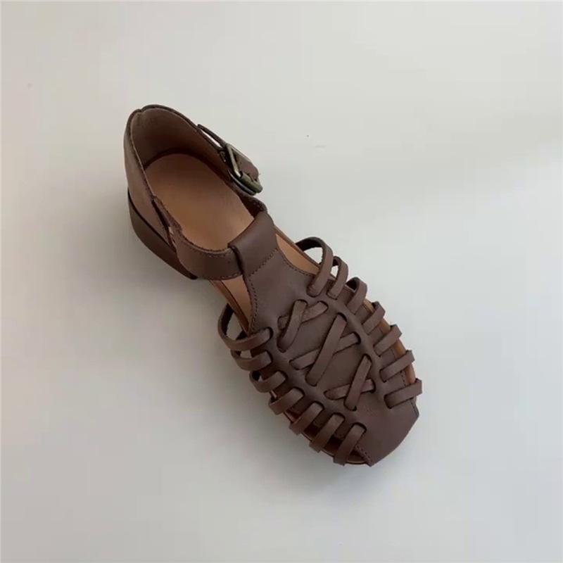 Sheepskin version~ niche retro woven open-toed outer wear summer Roman sandals women's leather thick heel with sandals