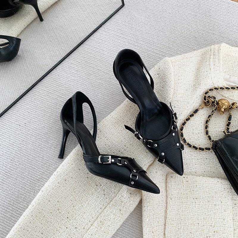 L120 туфли на высоком каблуке женские чувство дизайна 2025 лето новая мода острый носок черный каблук-рюмочка большой размер высокий каблук одинарные туфли