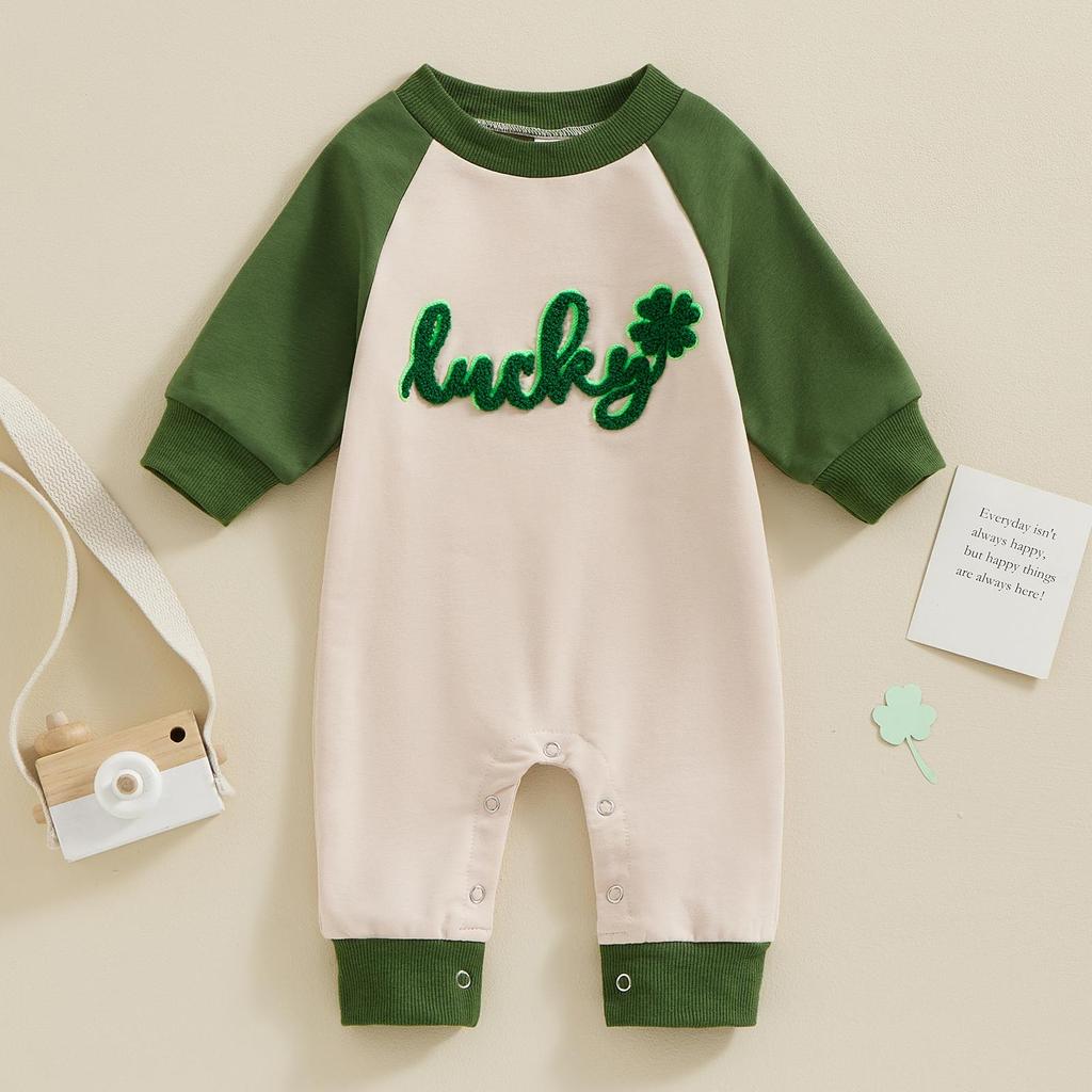 Toddler Baby Sweatshirt Romper 3M 6M 12M 18M Irish Letter Clover Embroidery Long Sleeve Jumpsuit for Newborn Girl Boy Cute Clothes