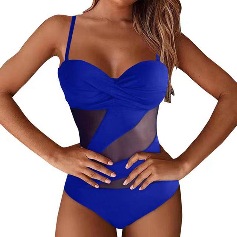 Solid Color One Piece Swimsuits Woman Sexy Mesh Bikini Swimwear Backless Brazilian Beach Outfit