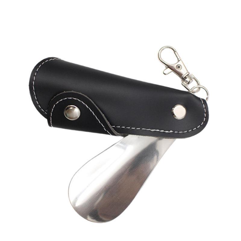 Metal & Leather Shoe Horn with Case - Unisex Mini Portable Shoe Puller with Hanging Buckle