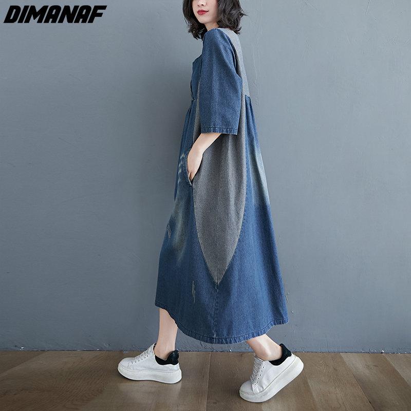 DIMANAF женское новое летнее платье 2023 года, джинсовое платье с длинным рукавом, элегантное свободное синее базовое платье с круглым вырезом