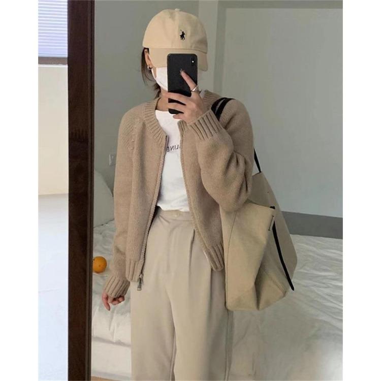 Korean Style Short Solid Color Knitted Sweater for Women New Double Zipper Knitted Cardigan Top