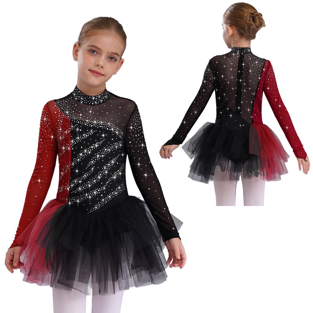 Kids Dance Costume Long Sleeve Color Block Patchwork Dress with Sparkling Rhinestones for Performance