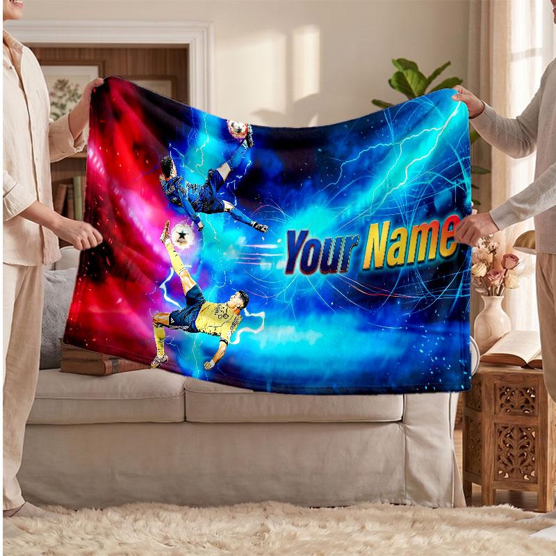 Cristiano Ronaldo Personalized Fleece Blanket With Football Logo, Custom Name Text Soft Warm Home Throw Blanket