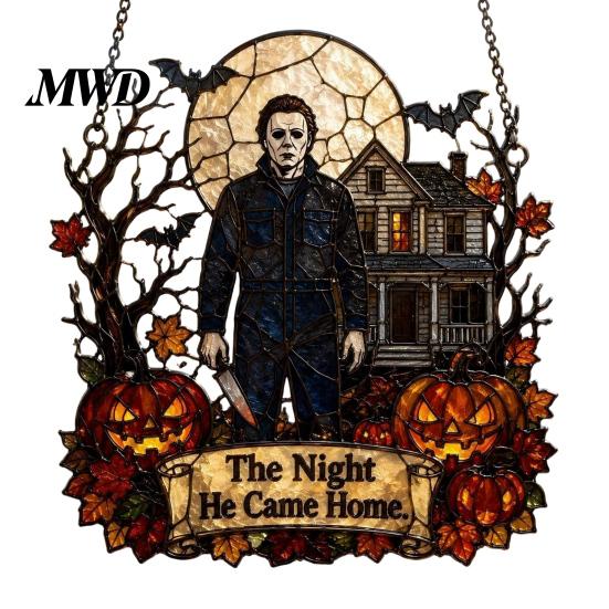 Halloween Home Holiday Ornaments Decoration, 2D Michael Acrylic Suncatcher, Window Hanging Decor with Pumpkin Decorations Tombstone, Stained
