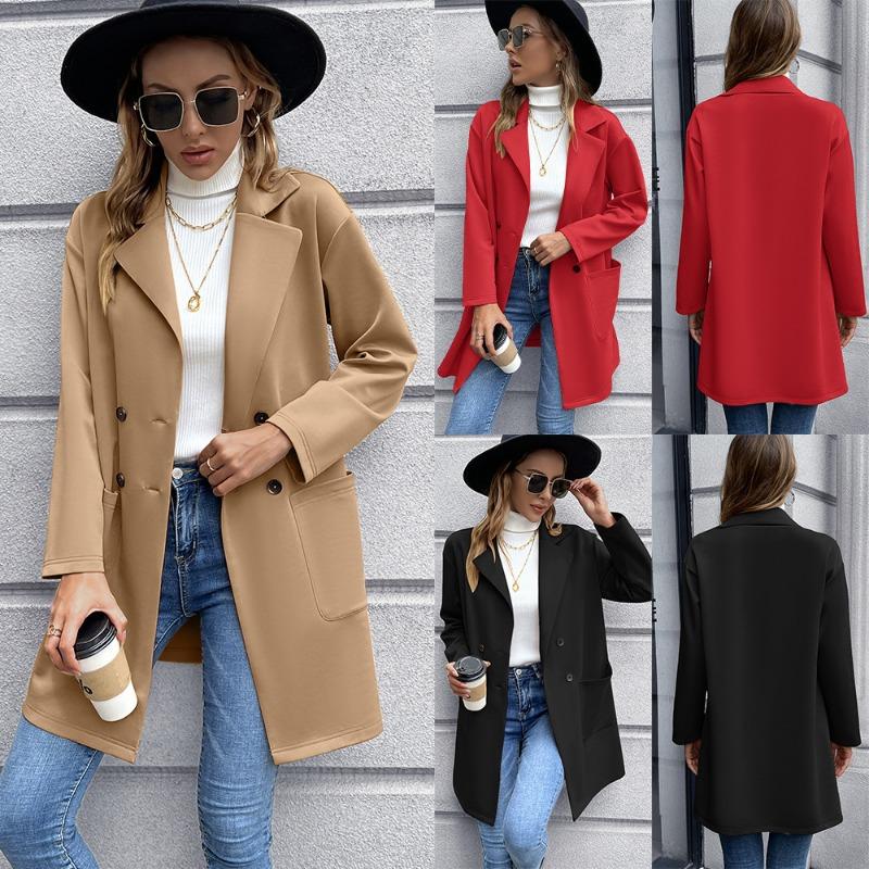 Autumn Mid Long Solid Casual Loose Women Jacket Double Breasted Formal Office Jackets for Women Fashion Winter Pockets Notched Ladies Coat 24899