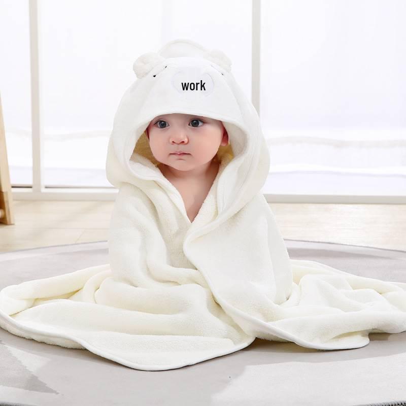 Baby Hooded Bath Towel with Cartoon Embroidery - Soft, Absorbent Coral Fleece Swaddle Cape