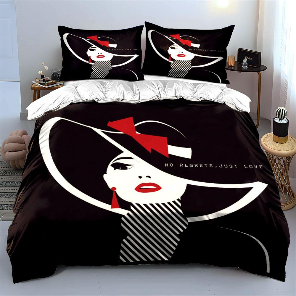 Portrait, hat, bow, text. Bedding sets Duvet cover sets Duvet covers Pillowcases(1*Duvet Cover 2*Pillowcases without duvet insert)