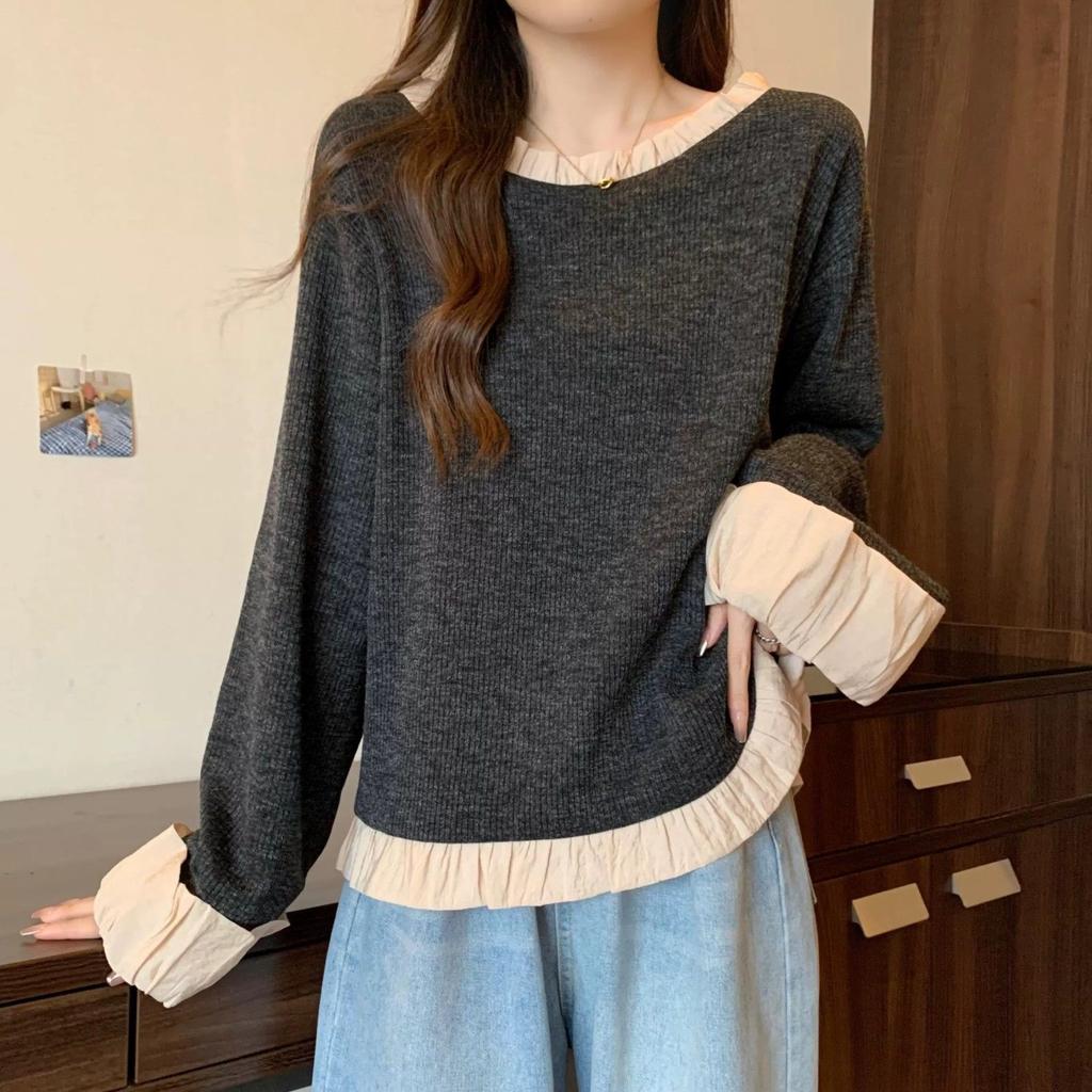 Футболки в стиле ленивой моды с оборками в стиле пэчворк весна-осень новые длинные рукава контрастные свободные повседневные топы винтажная трендовая женская одежда