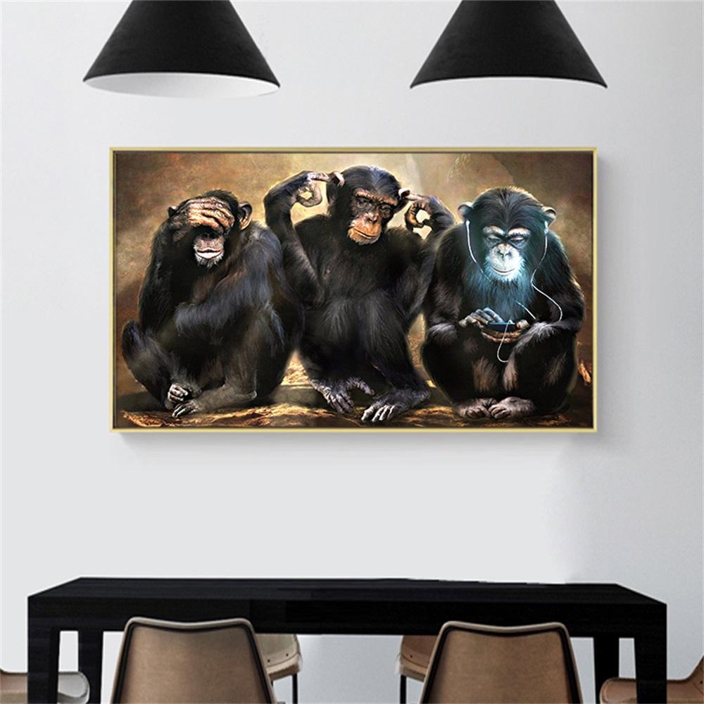 Solid Wood Frame Big Size Poster Canvas Painting Animal Wall Art Dark Three Funny Monkey Posters and Prints Picture for Living Room Home Decor