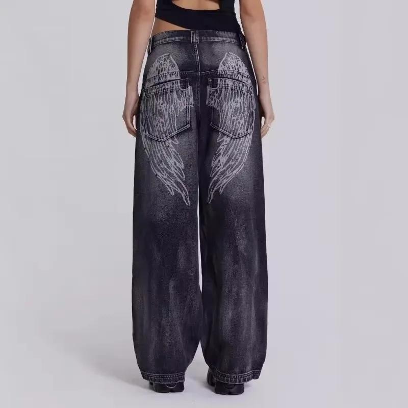 Y2k Vintage Women Jeans Back Wing Printed Rivet Washed Wide Leg Denim Pants Baggy Distressed Casual Trousers Streetwear