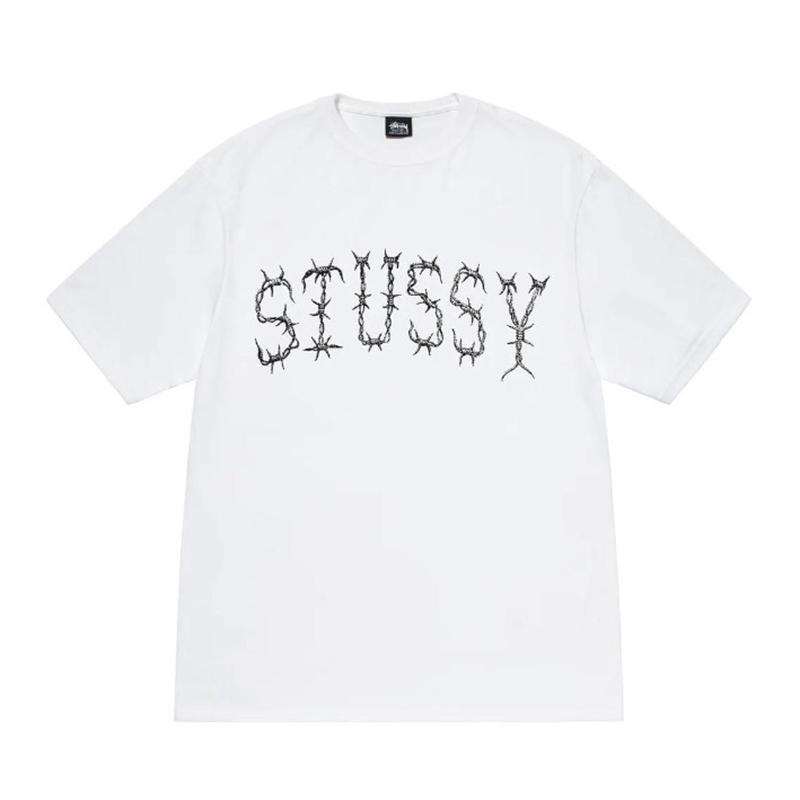 Stussy 2025 Весна/Лето Новая высококачественная хлопковая футболка с круглым вырезом для мужчин и женщин Футболка для пар с принтом в виде железной проволоки