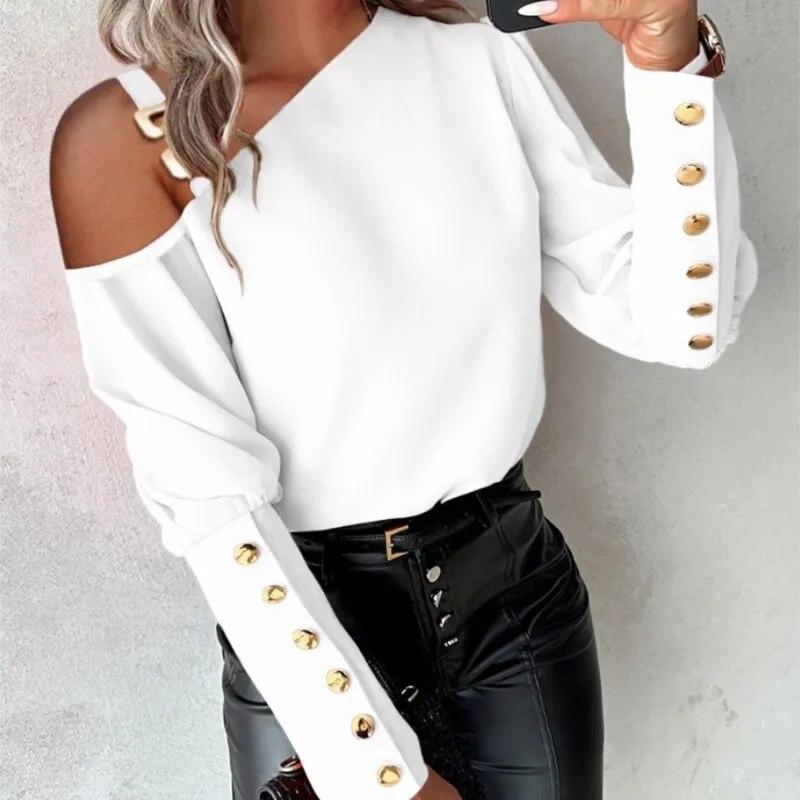 Осень/зима 2024, однотонная металлическая пуговица с диагональными плечами, элегантная офисная рубашка с воротником на пуговицах, женская простота