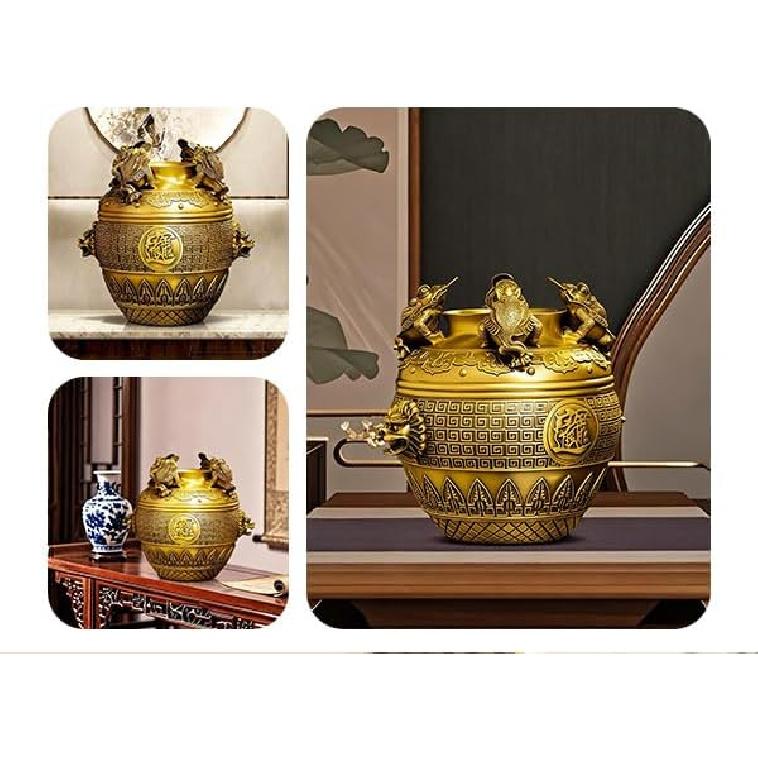 Aris & Juno Brass Treasure Bowl with Money Toad Feng Shui Statue – Chinese Wealth & Good Luck Figurine for Entryway, Home Office Desk or Shelf