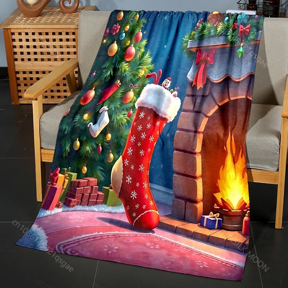 Christmas Stockings and Festive Decor Pattern Blanket Flannel Material Soft Warm for All Seasons Home Outdoor Camping Picnics RV