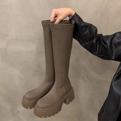 Мода Женская мода Обувь на толстом каблуке Осень Новые Тупой носок Рукав Подошва Противоскользящая Износостойкая Высокие сапоги