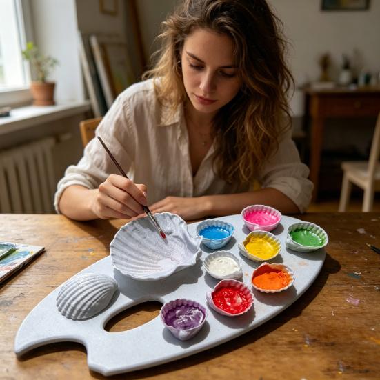 jijijing Ceramic Seashell Paint Palette, Portable Art Tray for Watercolor Acrylic, Creative Ocean Design Color Mixing Board Artist