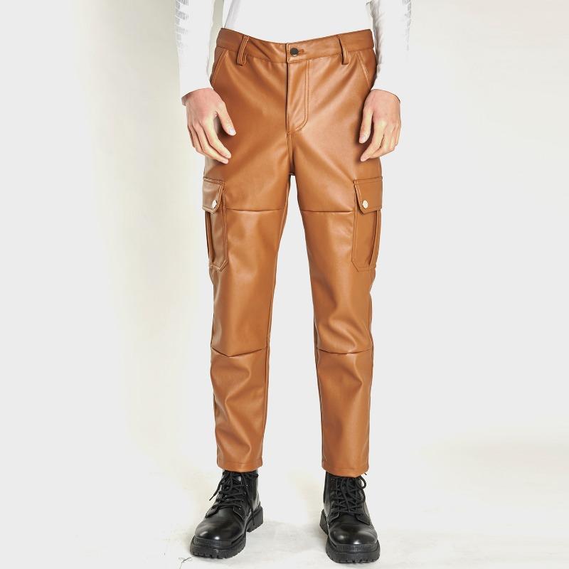 Mens Camo American Casual Thick Leather Pants Multi Pocket Windproof Waterproof Biker Trousers