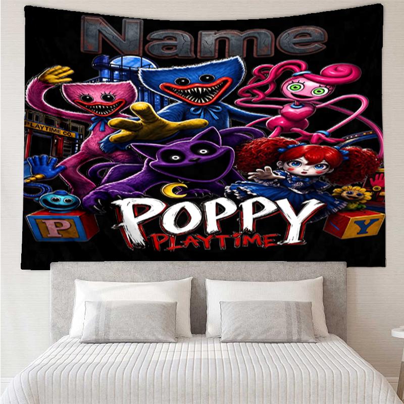 Custom Name Huggy Wuggy Print Tapestry, Backdrop, Easy Setup, Ideal for Bedroom, Office & Living Room, with Aesthetic Wall Hanging Decor.