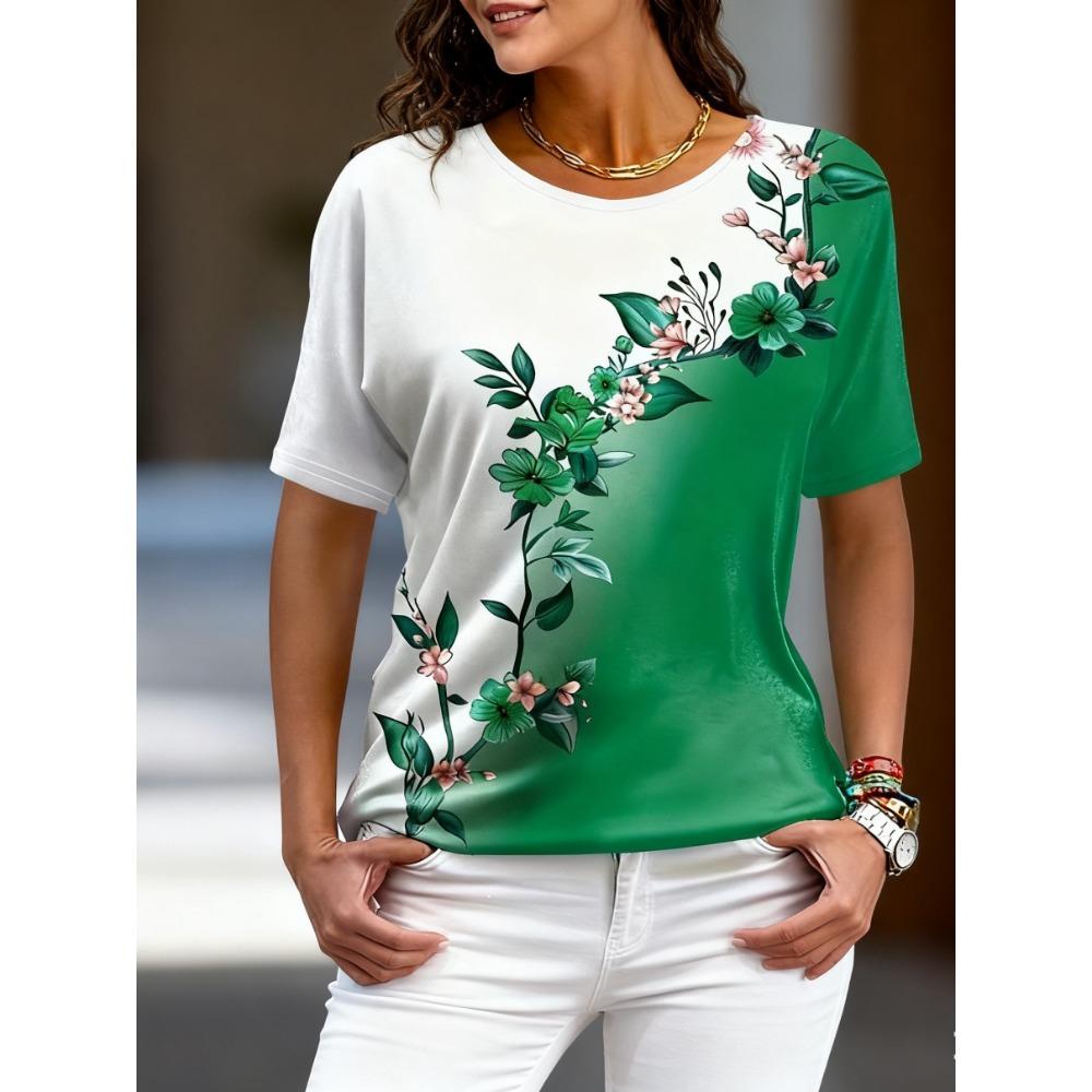 Женские футболки больших размеров XL-7XL Женская футболка с круглым вырезом, модная, с цветочной лоскутной вставкой, цветным принтом, коротким рукавом